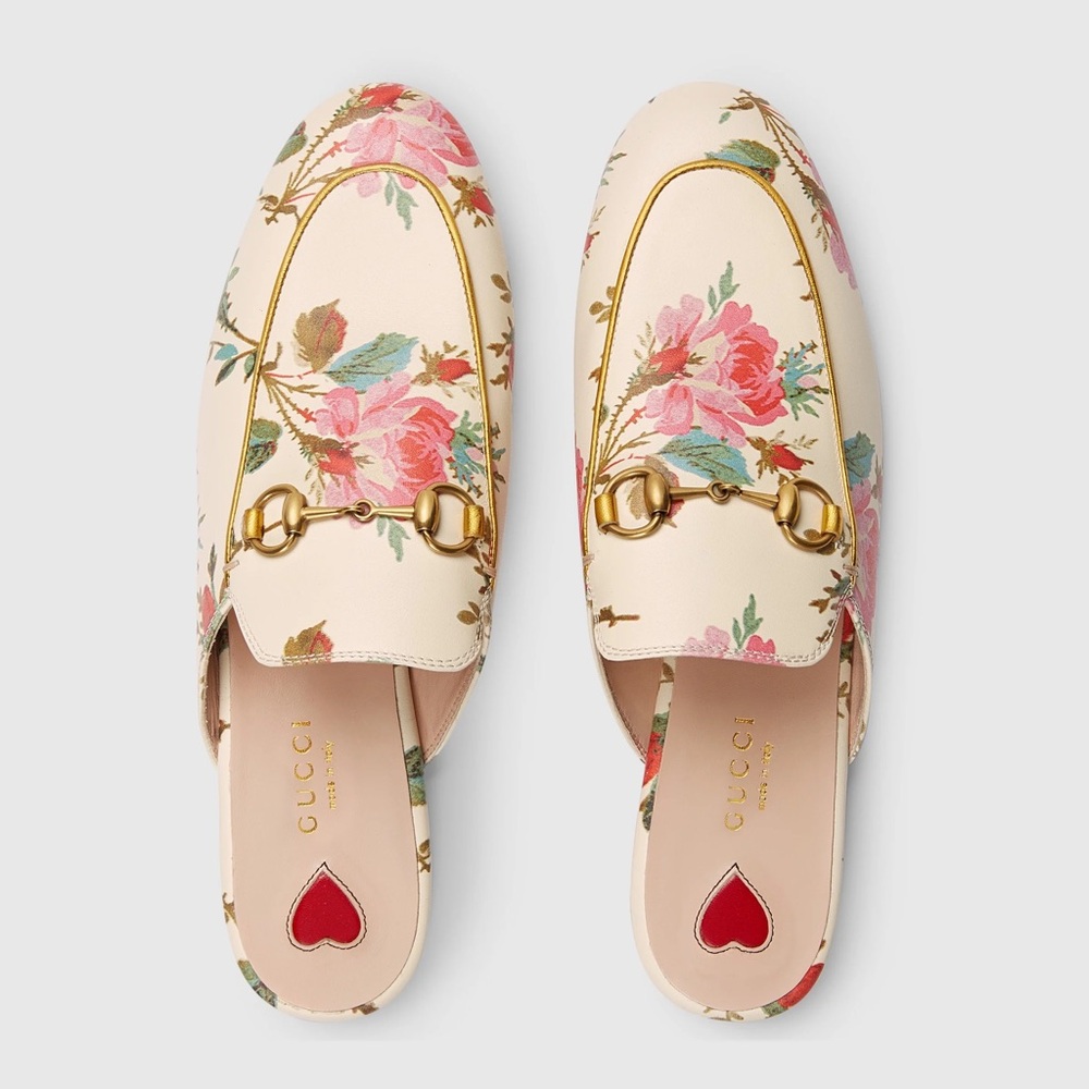 $990 Gucci Made in Italy Calfskin Stamp Allover Rose Princetown Mules Slides 6